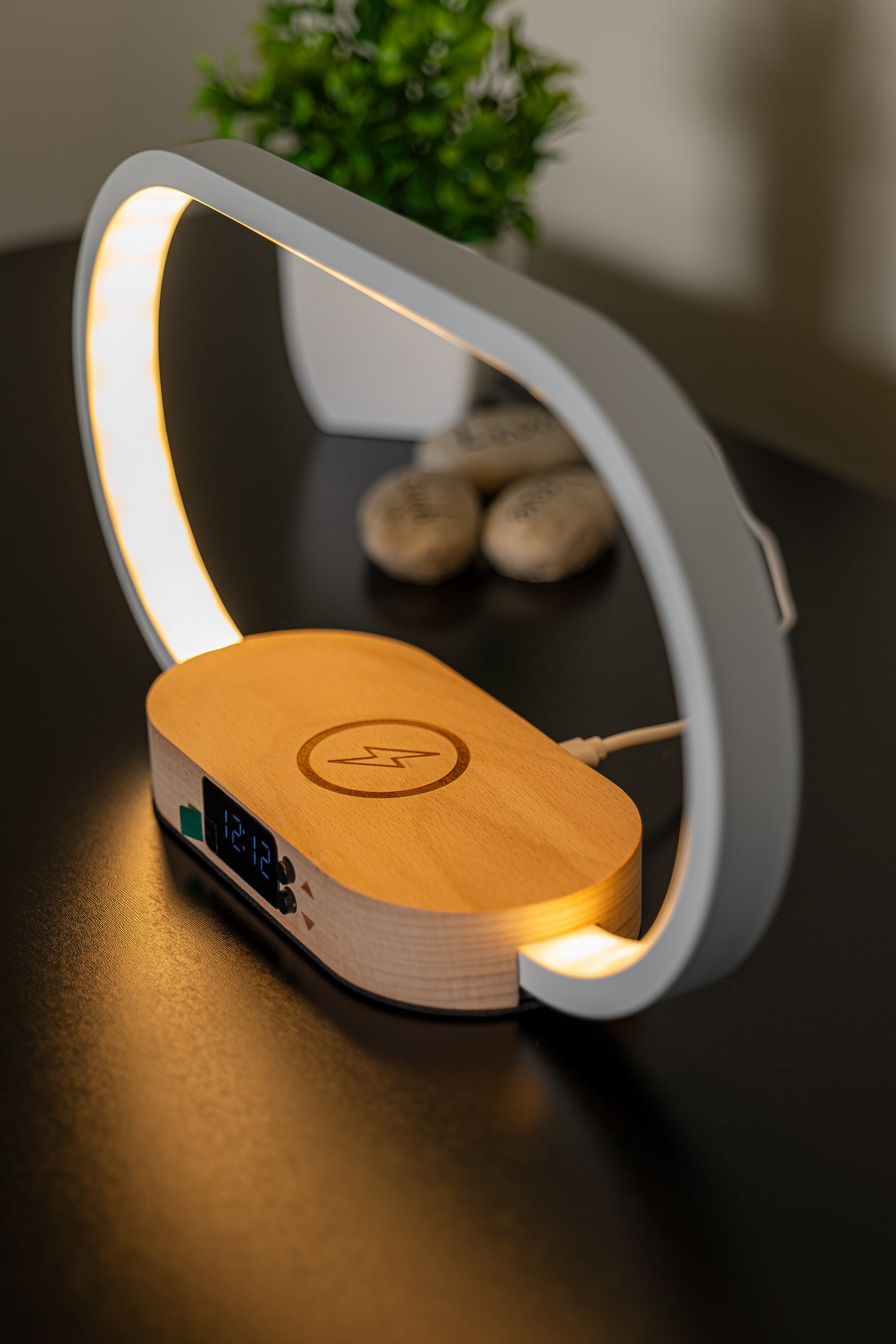 LED Arch Night Light Wooden Alarm Clock: Wireless Phone Charger & USB