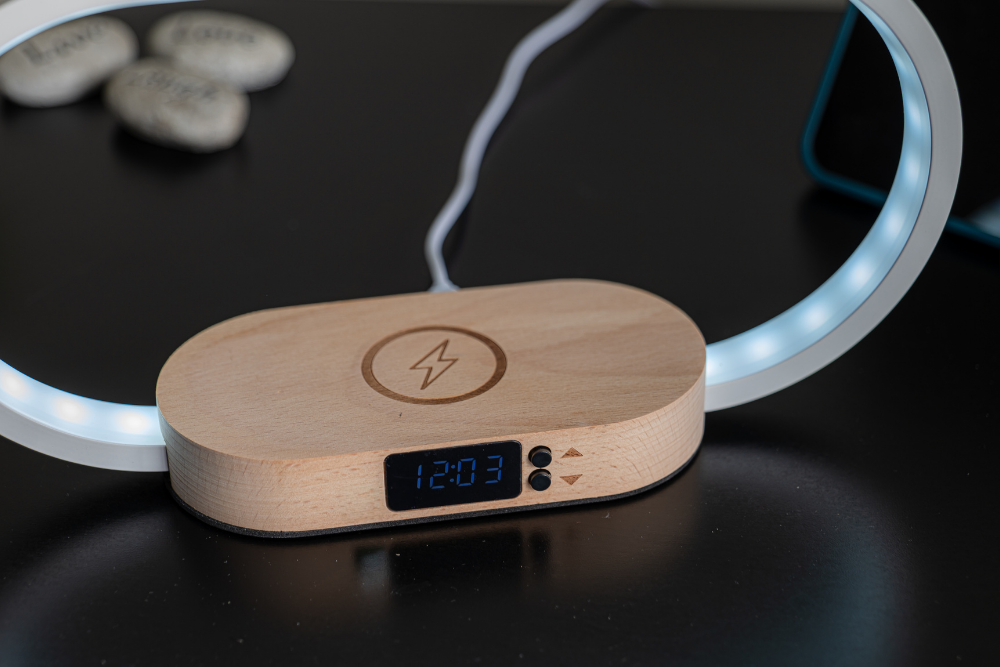 LED Arch Night Light Wooden Alarm Clock: Wireless Phone Charger & USB