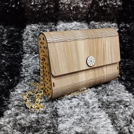Handcrafted Wooden Clutch Purse: Elegant Square Design with Gold Chain