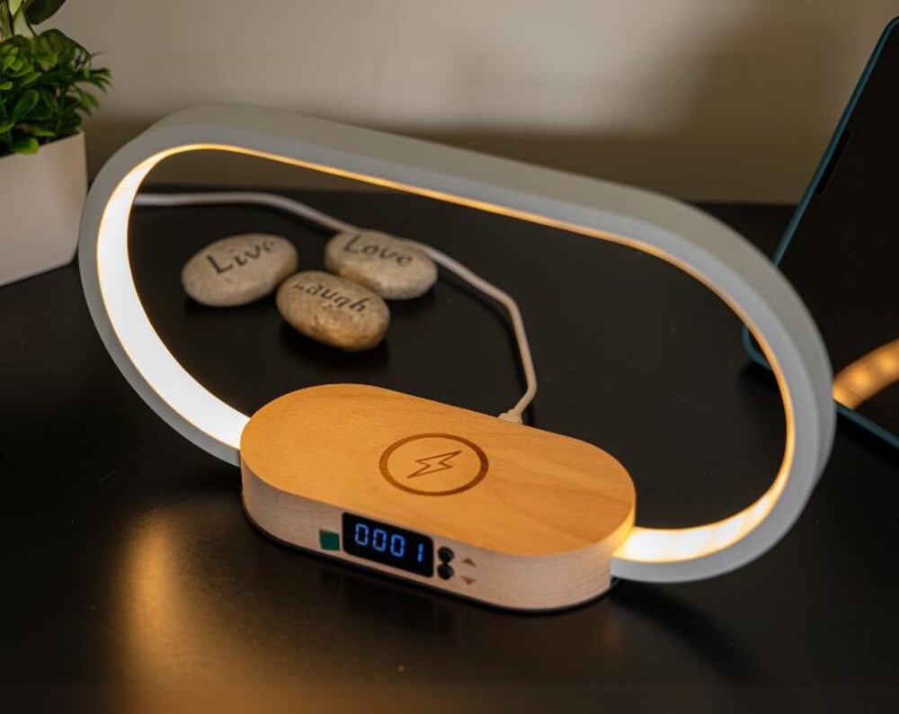 LED Arch Night Light Wooden Alarm Clock: Wireless Phone Charger & USB