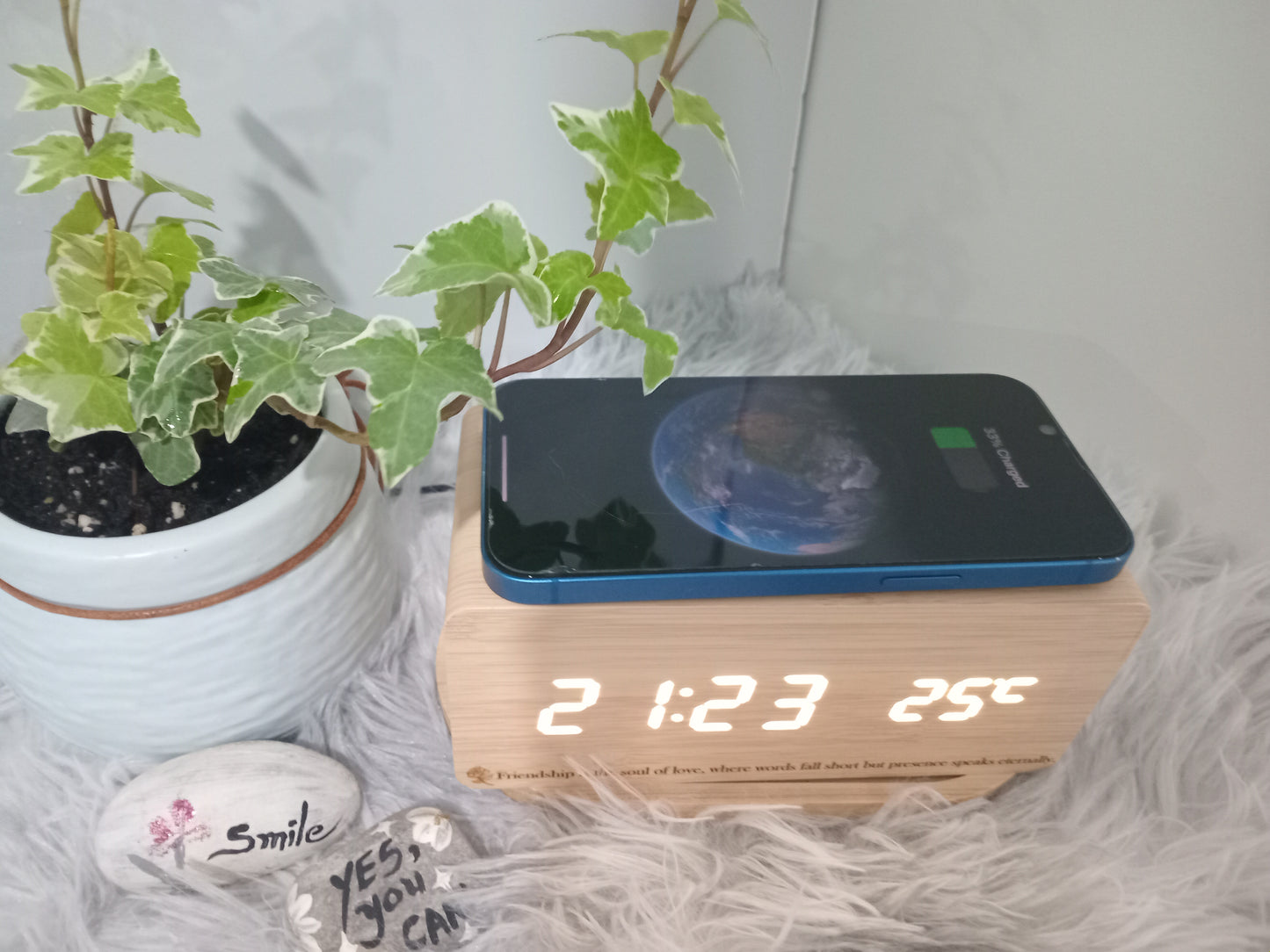 Modern Wooden Digital LED Alarm Clock with Qi Wireless Phone Charger, Sound Control, Temperature Display, Weekday Alarm