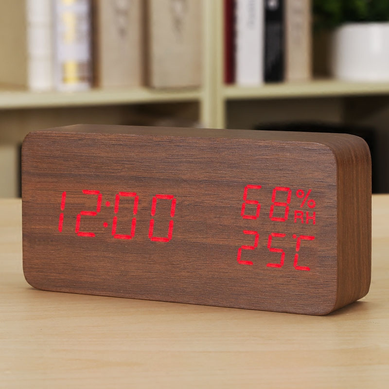Minimalist Wooden LED Alarm Clock: Temperature & Humidity Display