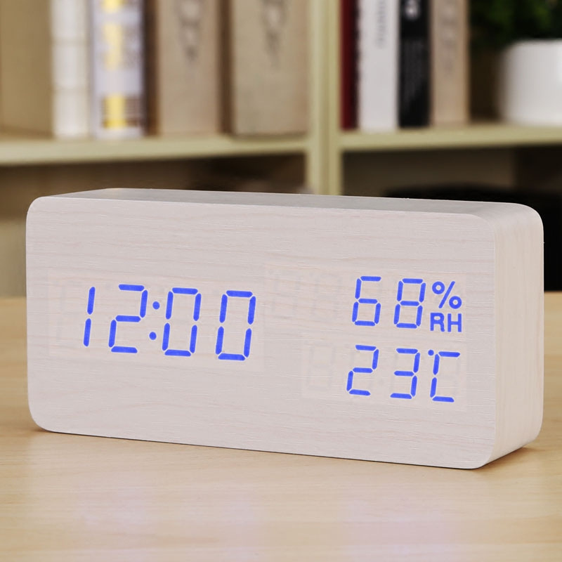 Minimalist Wooden LED Alarm Clock: Temperature & Humidity Display