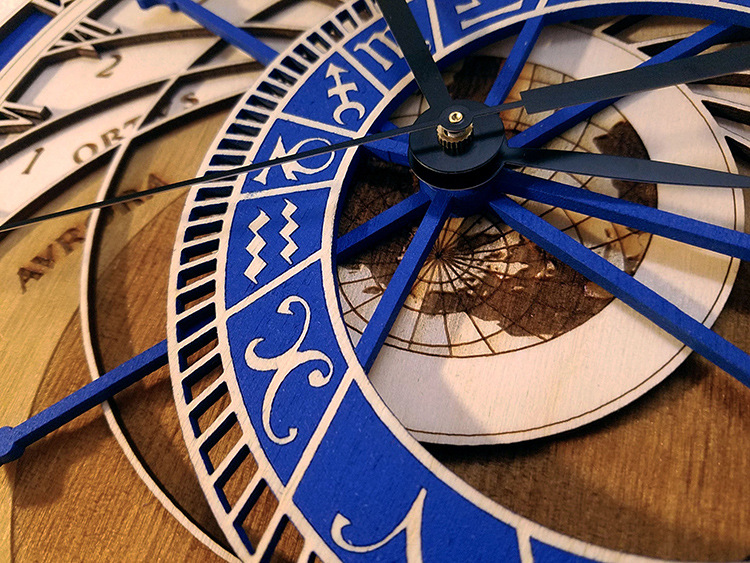 Zodiac Constellation Wooden Wall Clock – Laser-Cut Eco Wood Timepiece with Blue Accents, Astrology Decor Gift