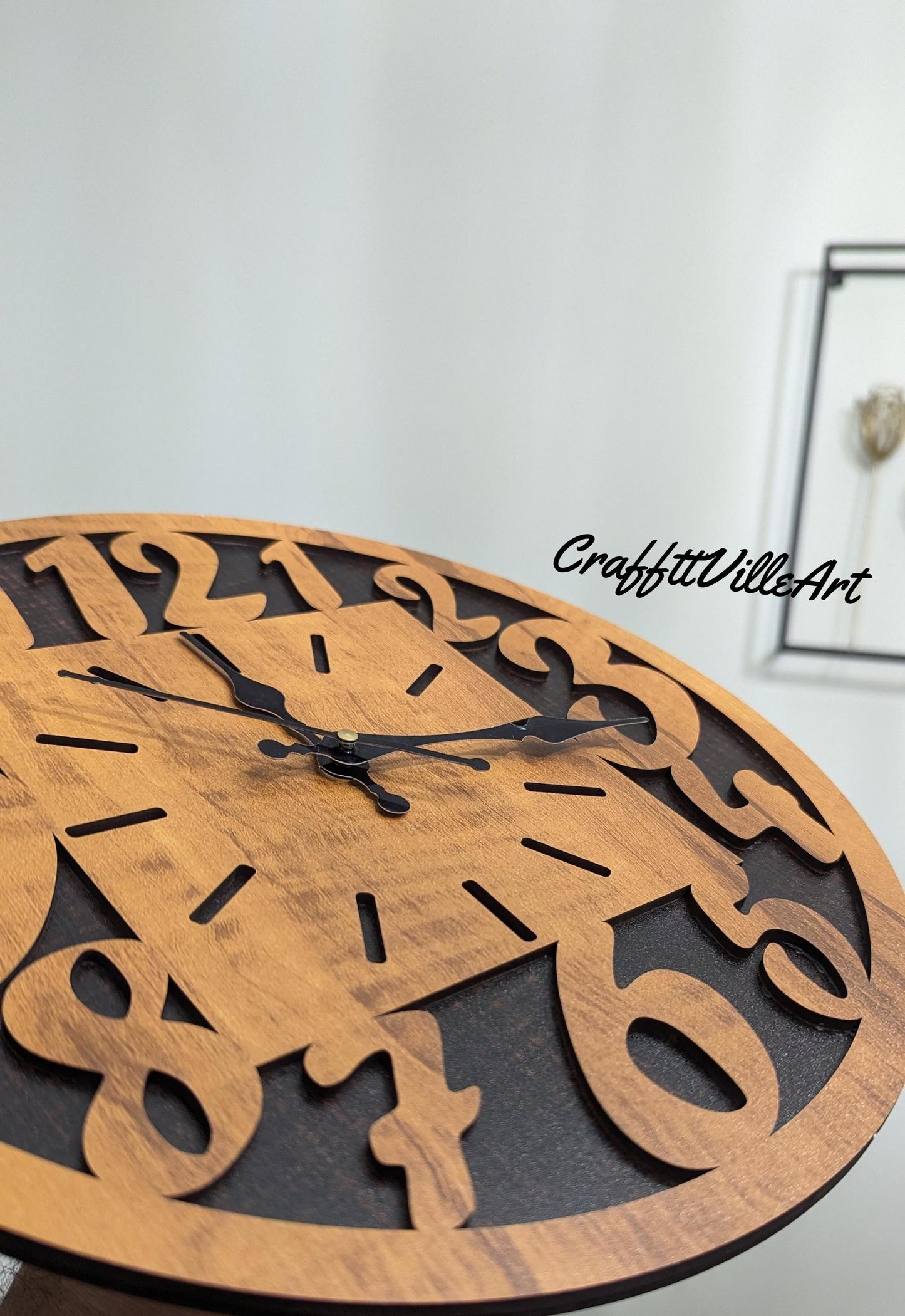 Rustic Modern Wooden Wall Clock with 3D Carved Numbers, Silent Quartz Movement, Large Decorative Wall Art for Living Room Kitchen Office