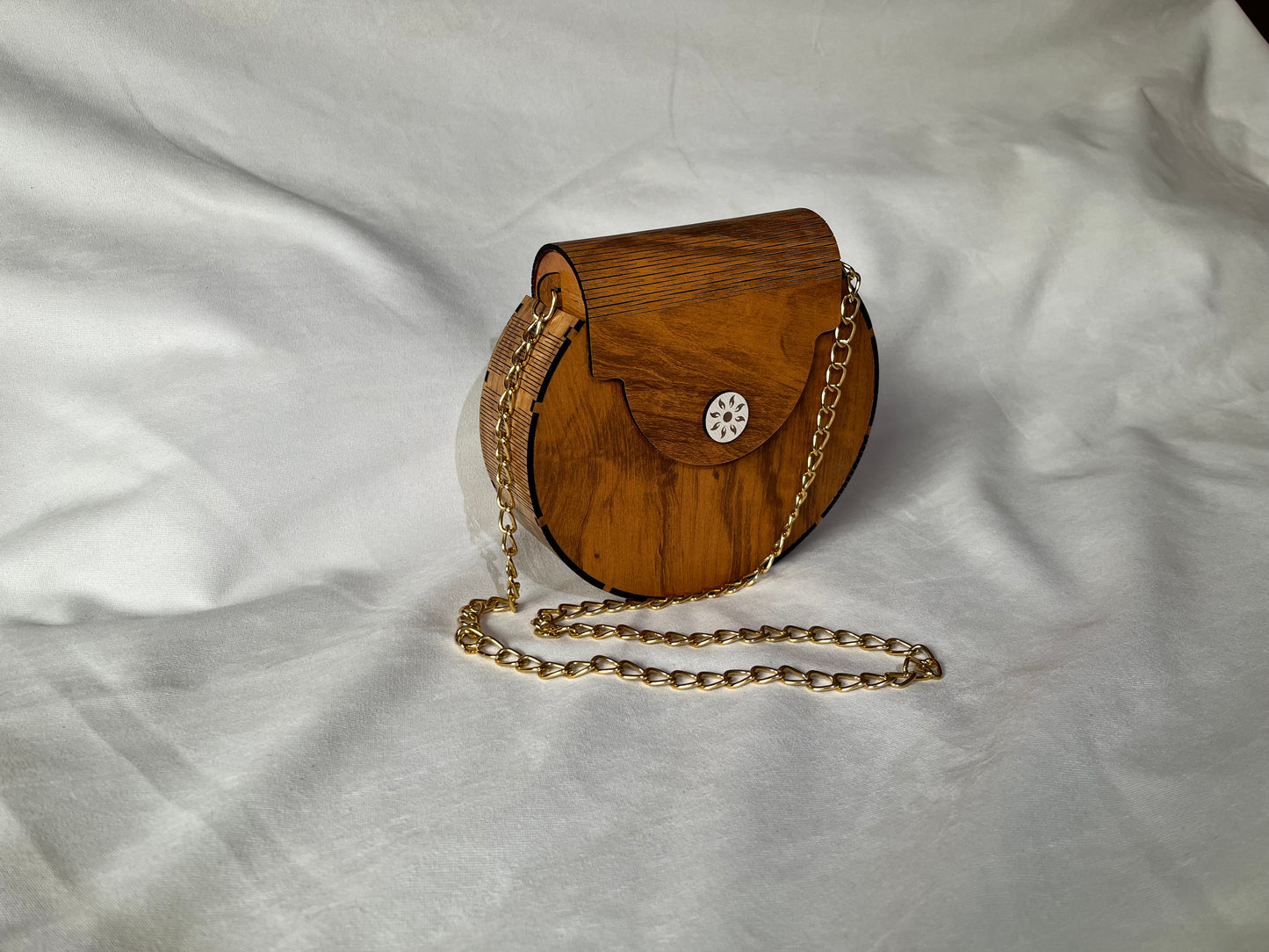 Handcrafted Wooden Clutch Purse: Elegant Square Design with Gold Chain