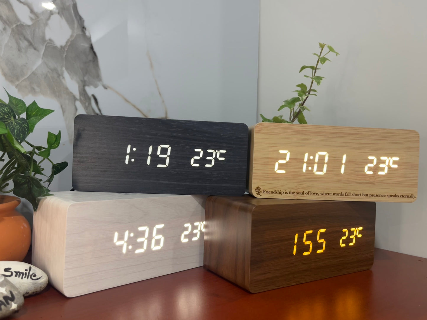 Modern Wooden Digital LED Alarm Clock with Qi Wireless Phone Charger, Sound Control, Temperature Display, Weekday Alarm