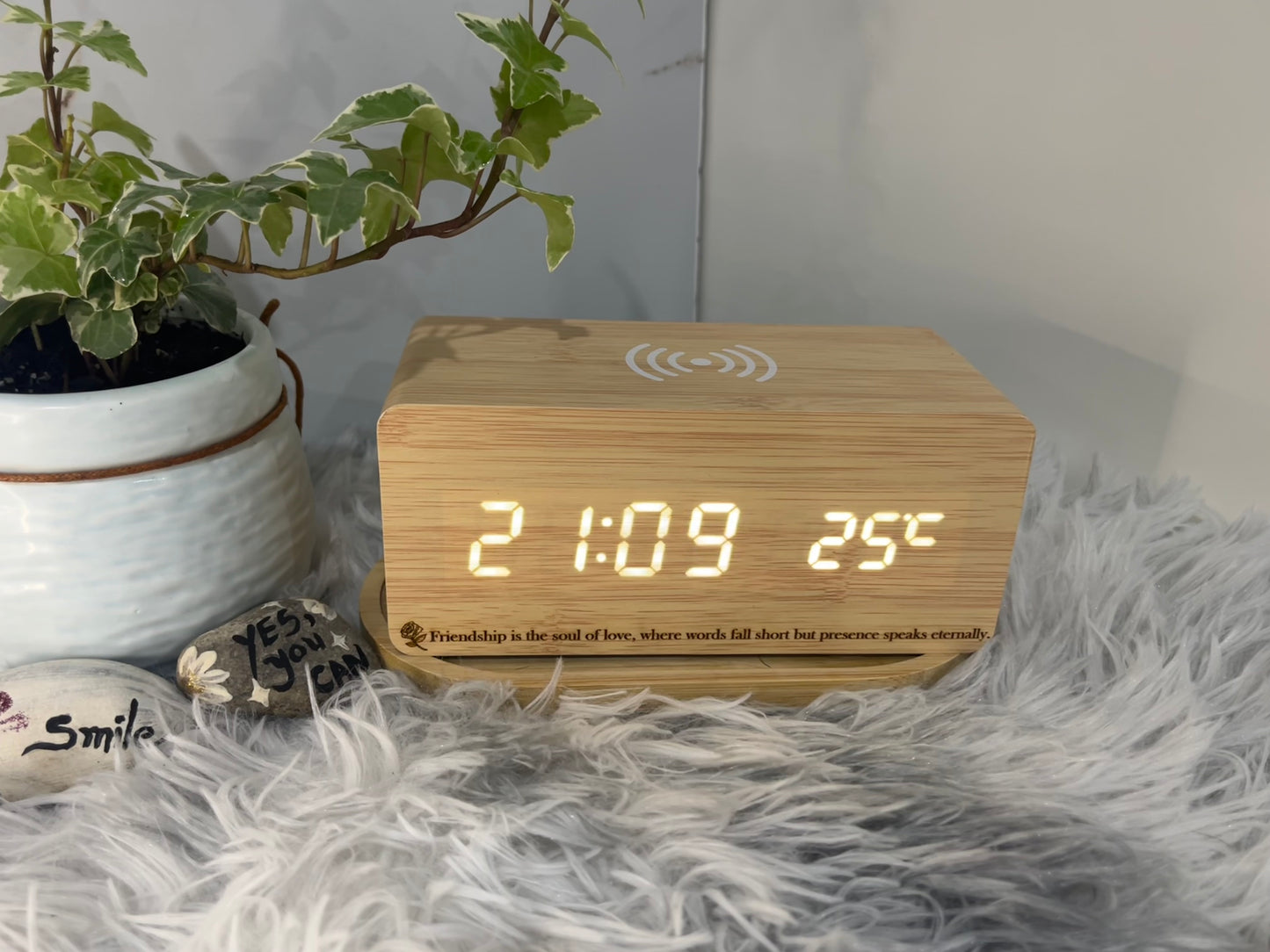 Modern Wooden Digital LED Alarm Clock with Qi Wireless Phone Charger, Sound Control, Temperature Display, Weekday Alarm