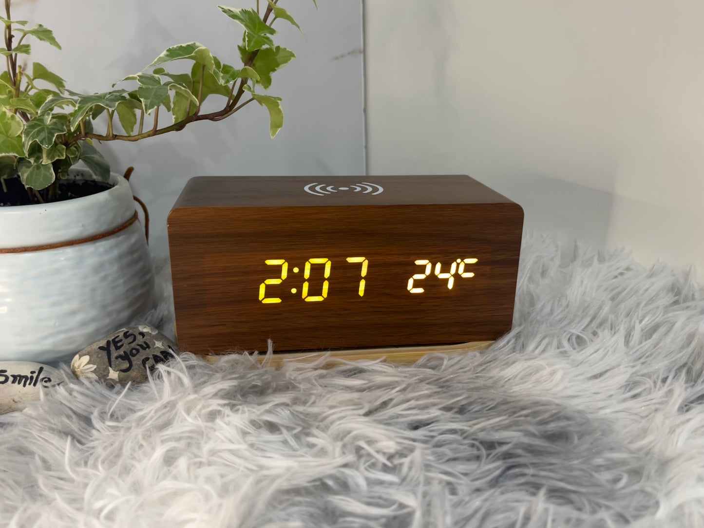 Modern Wooden Digital LED Alarm Clock with Qi Wireless Phone Charger, Sound Control, Temperature Display, Weekday Alarm