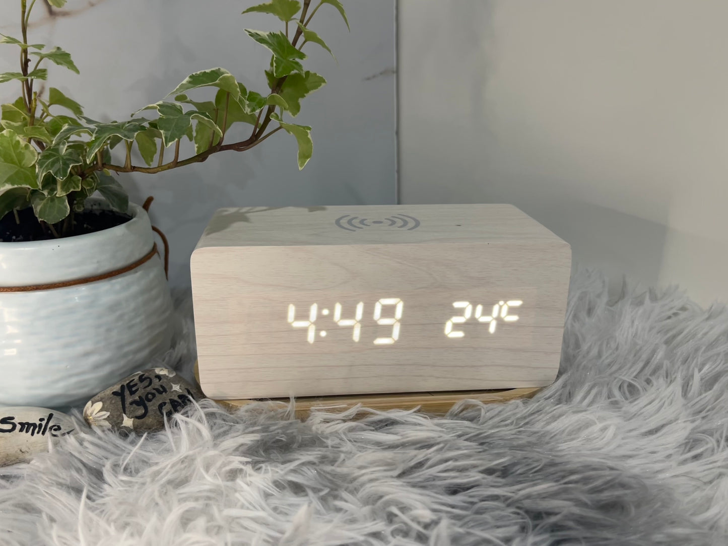 Modern Wooden Digital LED Alarm Clock with Qi Wireless Phone Charger, Sound Control, Temperature Display, Weekday Alarm