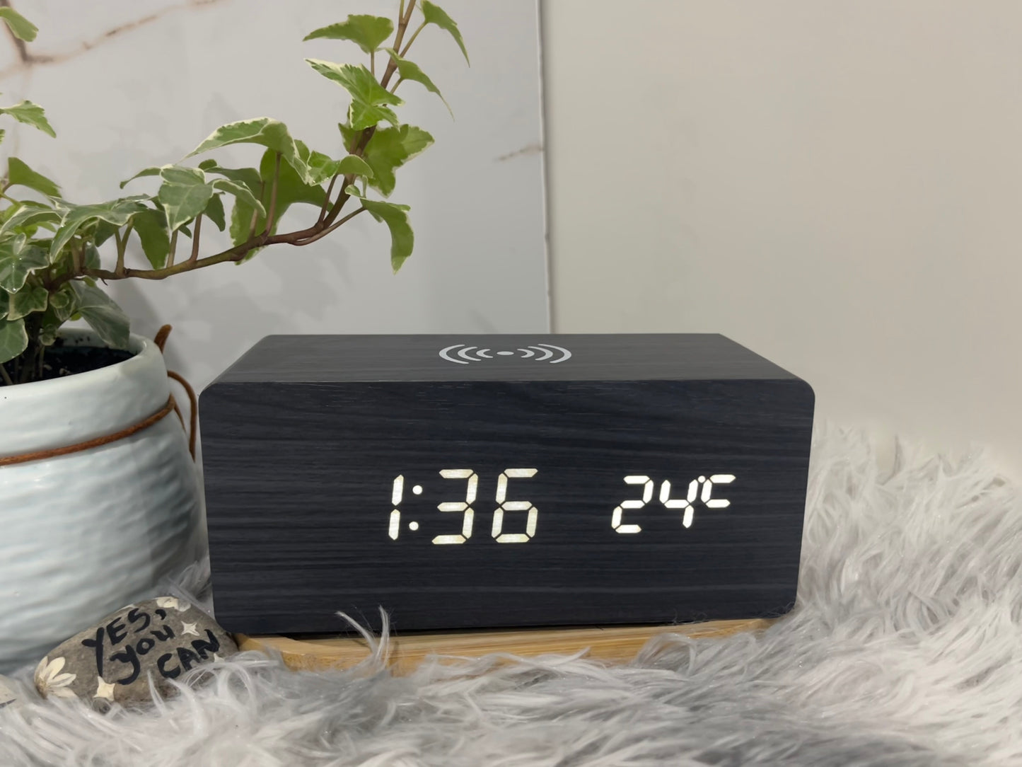 Modern Wooden Digital LED Alarm Clock with Qi Wireless Phone Charger, Sound Control, Temperature Display, Weekday Alarm