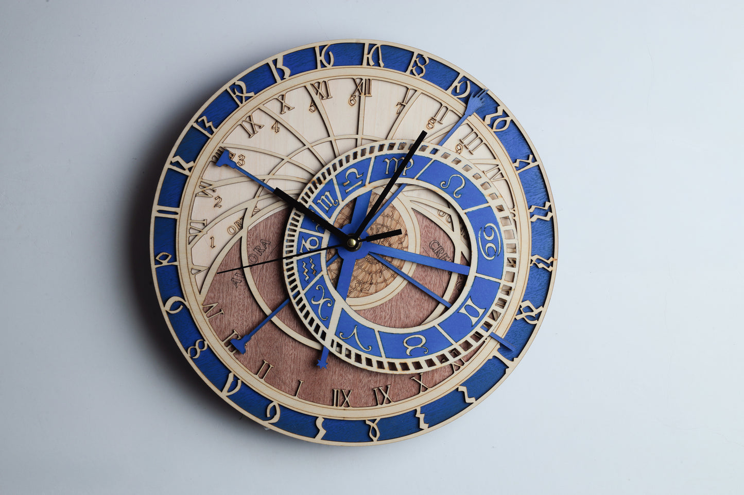 Zodiac Constellation Wooden Wall Clock – Laser-Cut Eco Wood Timepiece with Blue Accents, Astrology Decor Gift