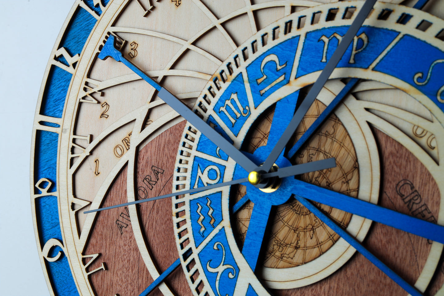 Zodiac Constellation Wooden Wall Clock – Laser-Cut Eco Wood Timepiece with Blue Accents, Astrology Decor Gift