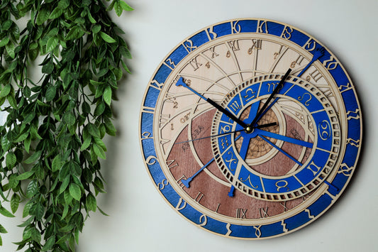 Zodiac Constellation Wooden Wall Clock – Laser-Cut Eco Wood Timepiece with Blue Accents, Astrology Decor Gift