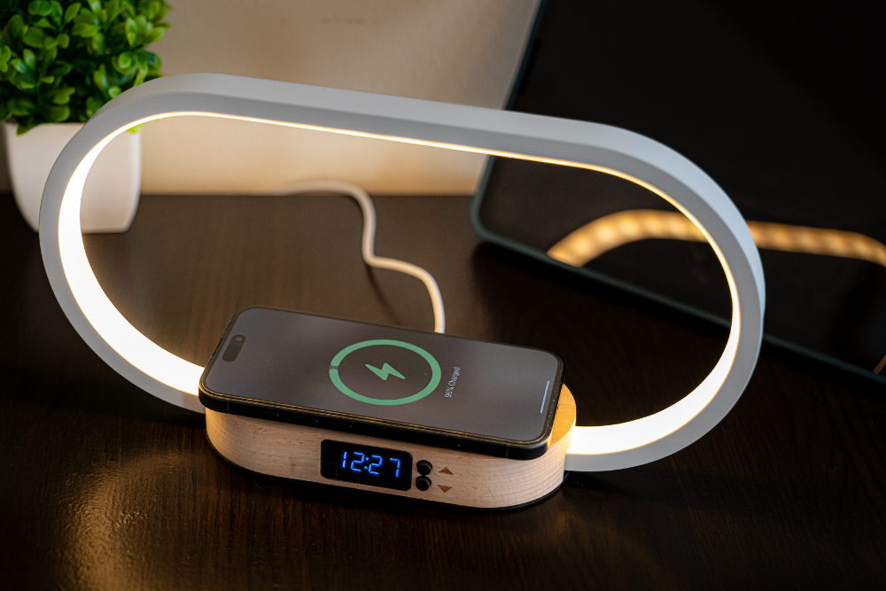 LED Arch Night Light Wooden Alarm Clock: Wireless Phone Charger & USB