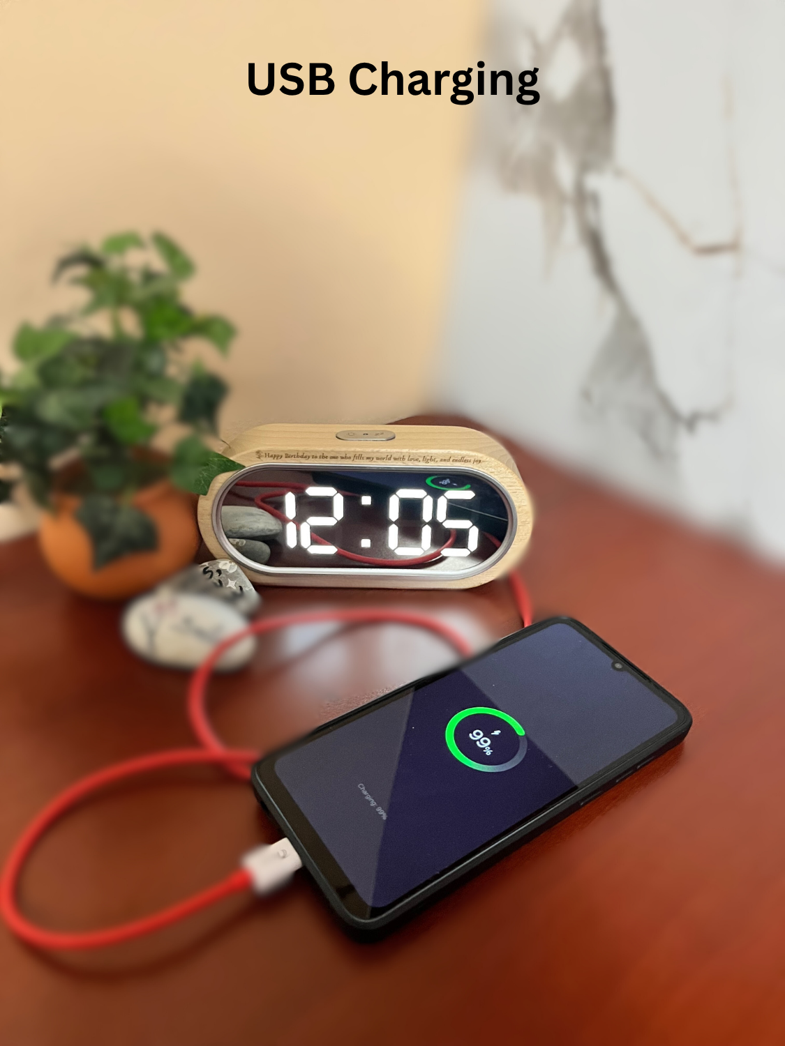 Modern Wooden LED Digital Alarm Clock with Digital Thermometer and USB Charging Port | Wooden Alarm clock | Multifunctional Electronic Clock