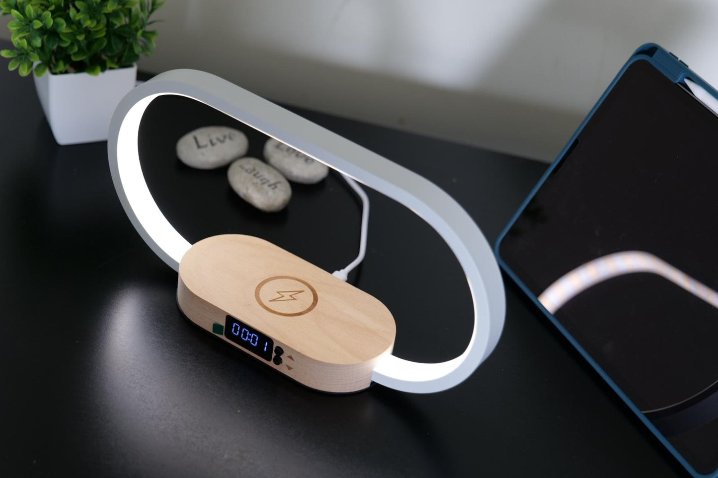 LED Arch Night Light Wooden Alarm Clock: Wireless Phone Charger & USB