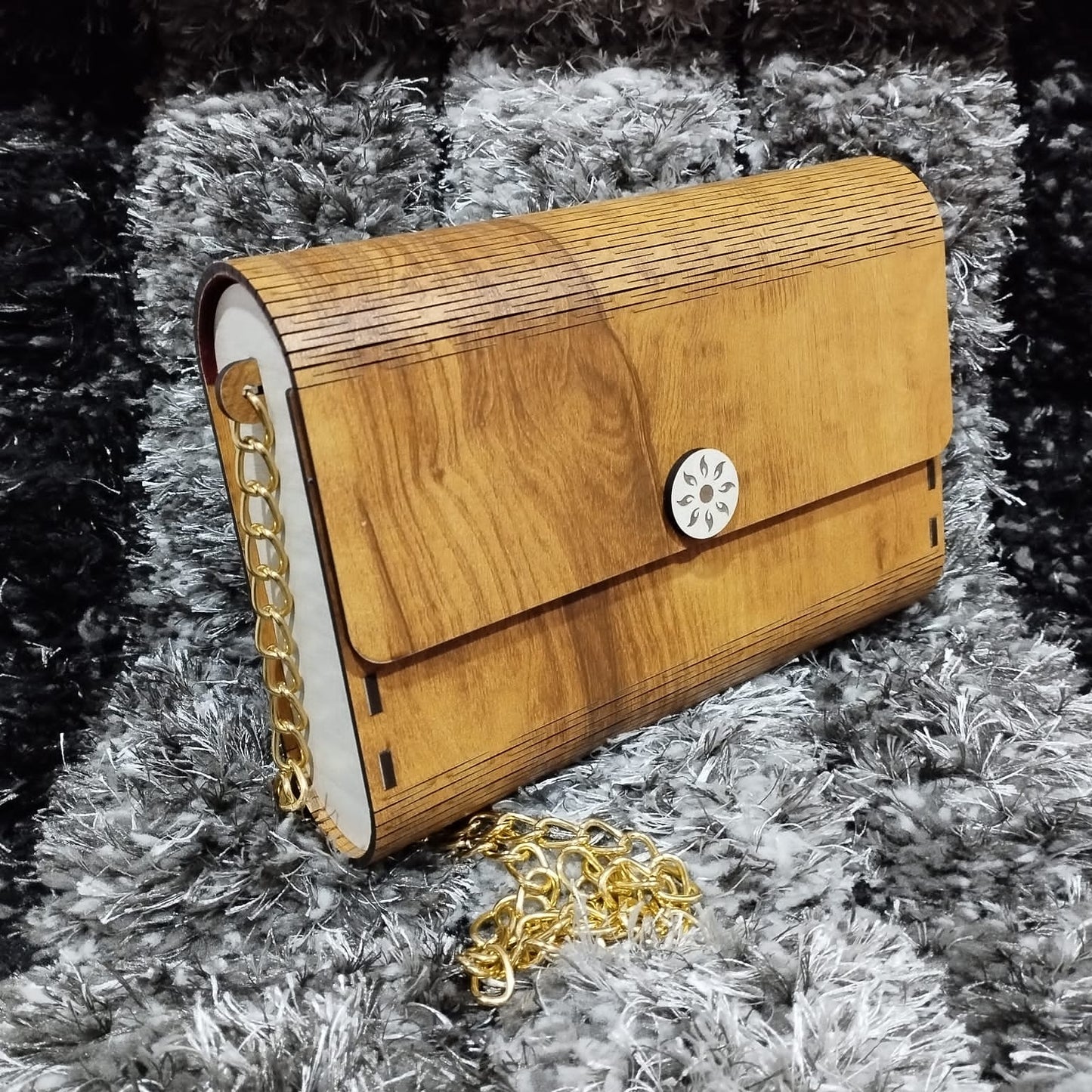 Handcrafted Wooden Clutch Purse: Elegant Square Design with Gold Chain