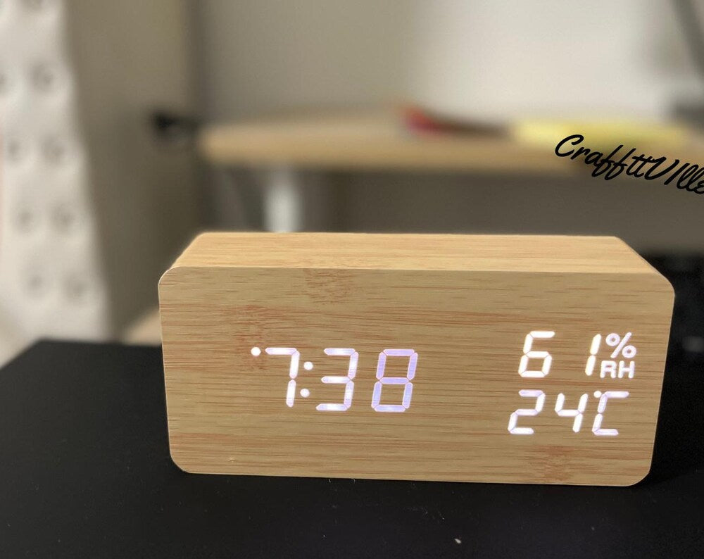 Minimalist Wooden LED Alarm Clock: Temperature & Humidity Display